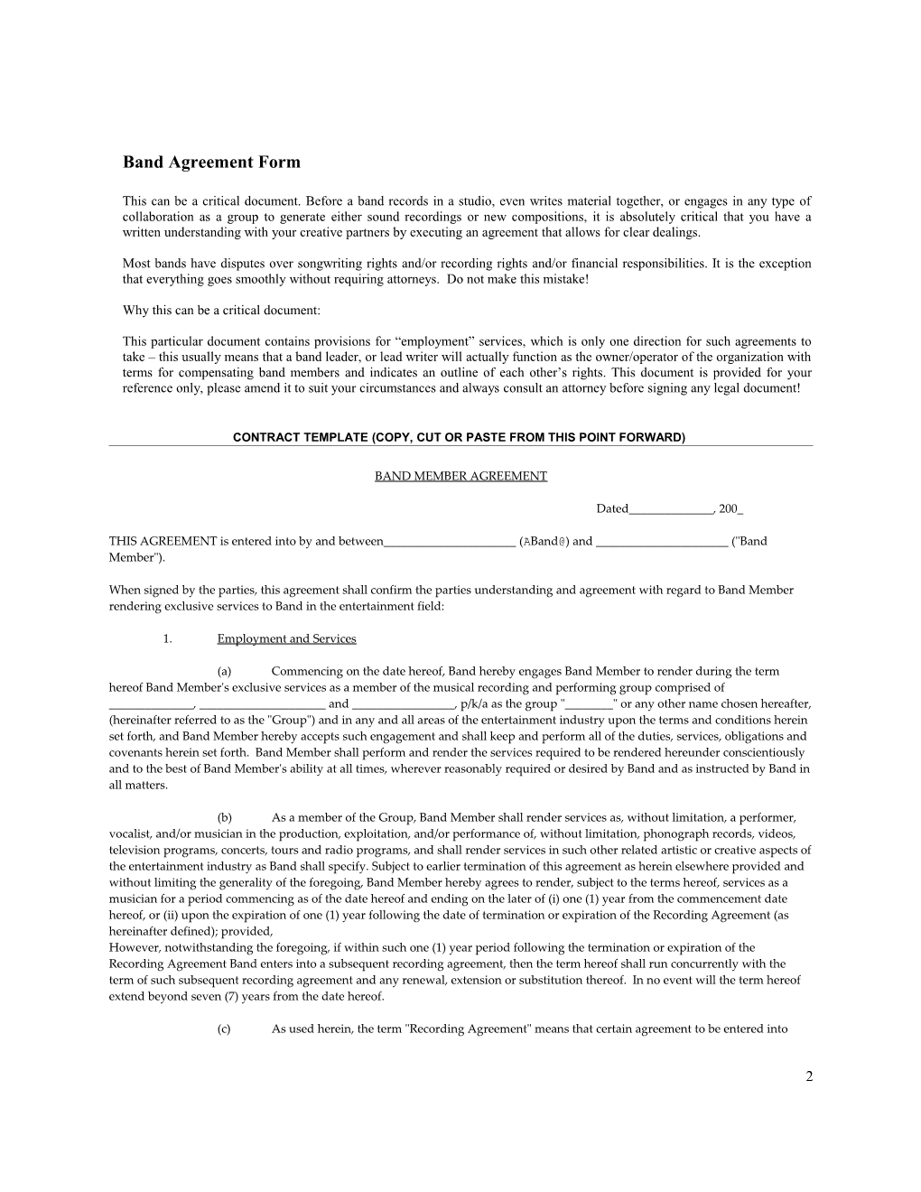 Band Agreement Form