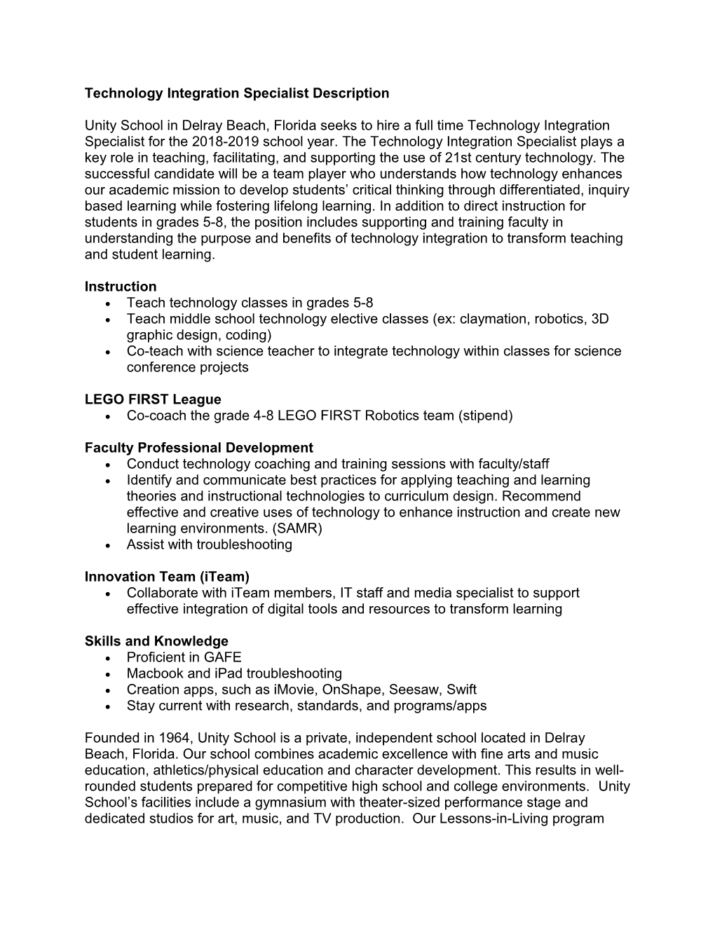 Technology Integration Specialist Description