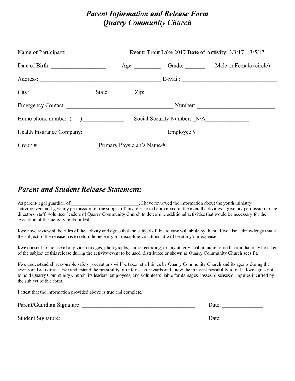 Parent Information and Release Form