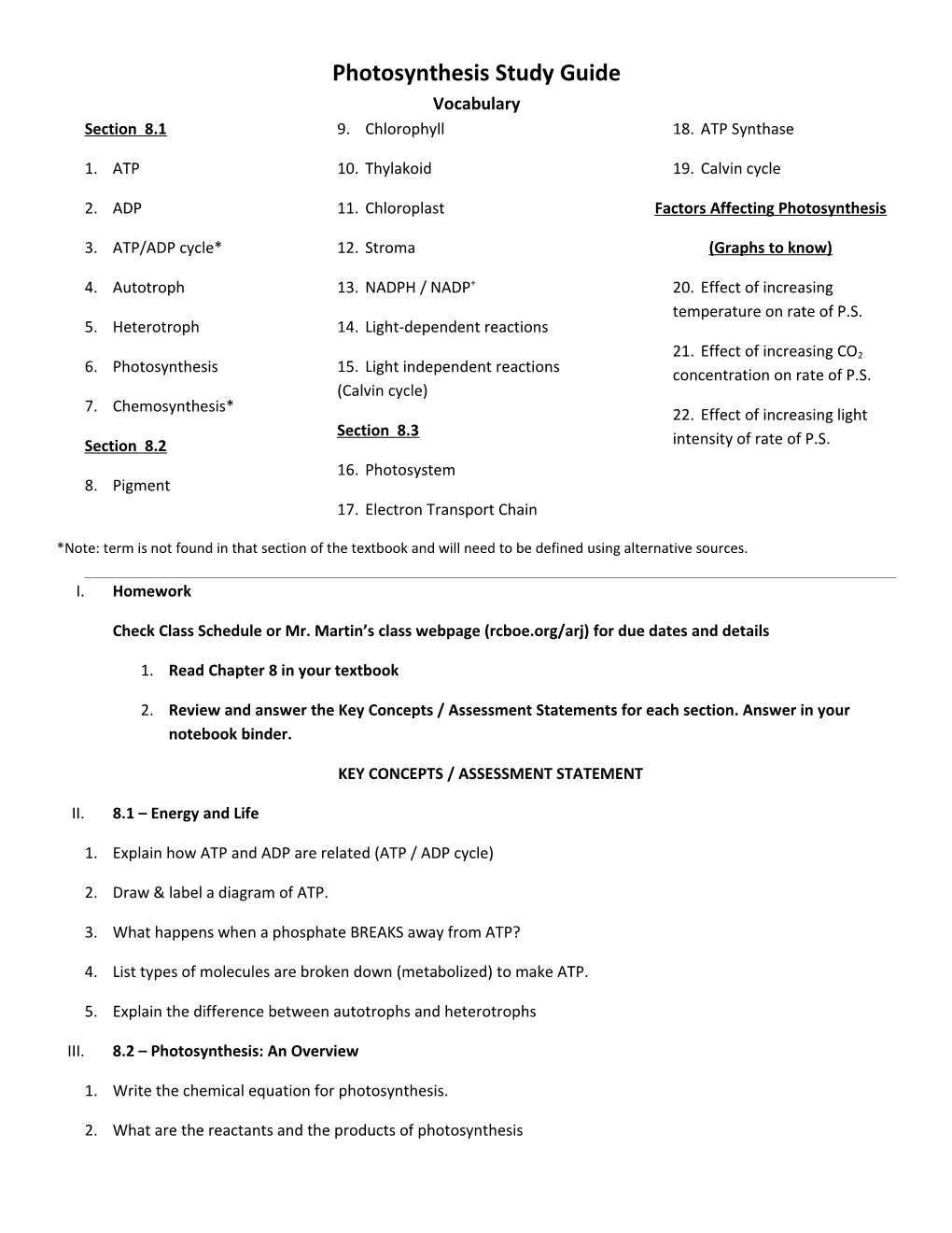 Photosynthesis Study Guide