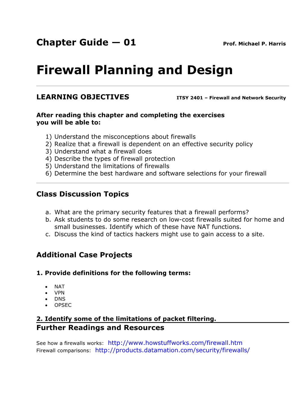 Ch 1 Firewall Planning and Design