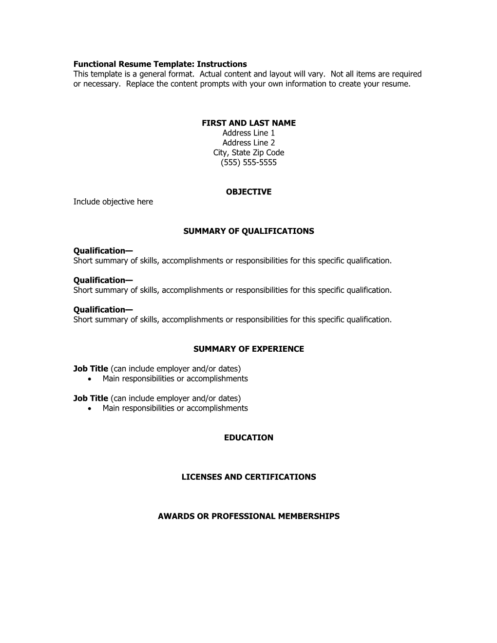 Functional Resume Template: Instructions