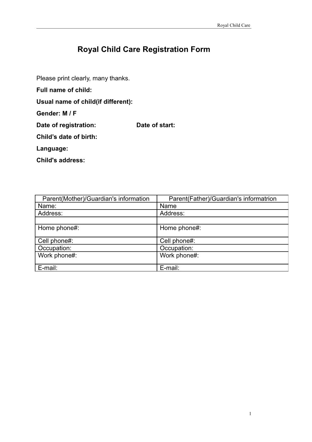 Little Tiger Daycare Centre Registration Form