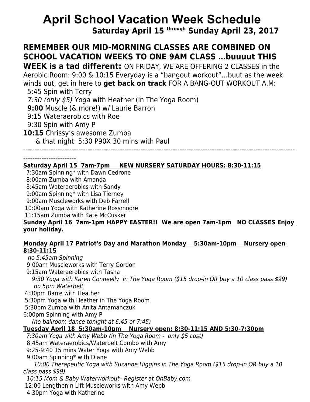 April School Vacation Week Schedule