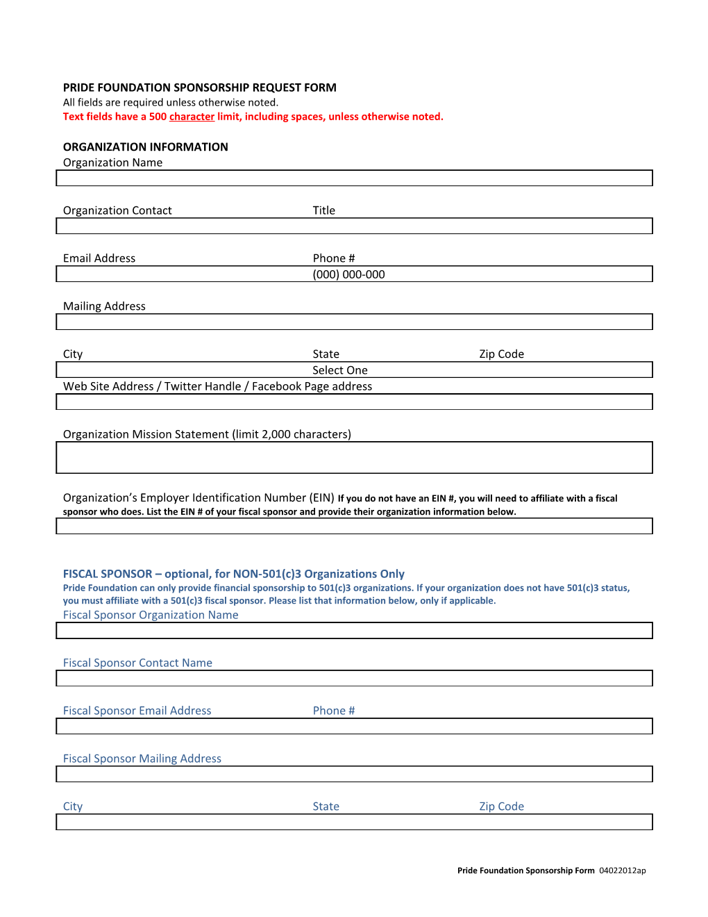 Pride Foundation Sponsorship Request Form