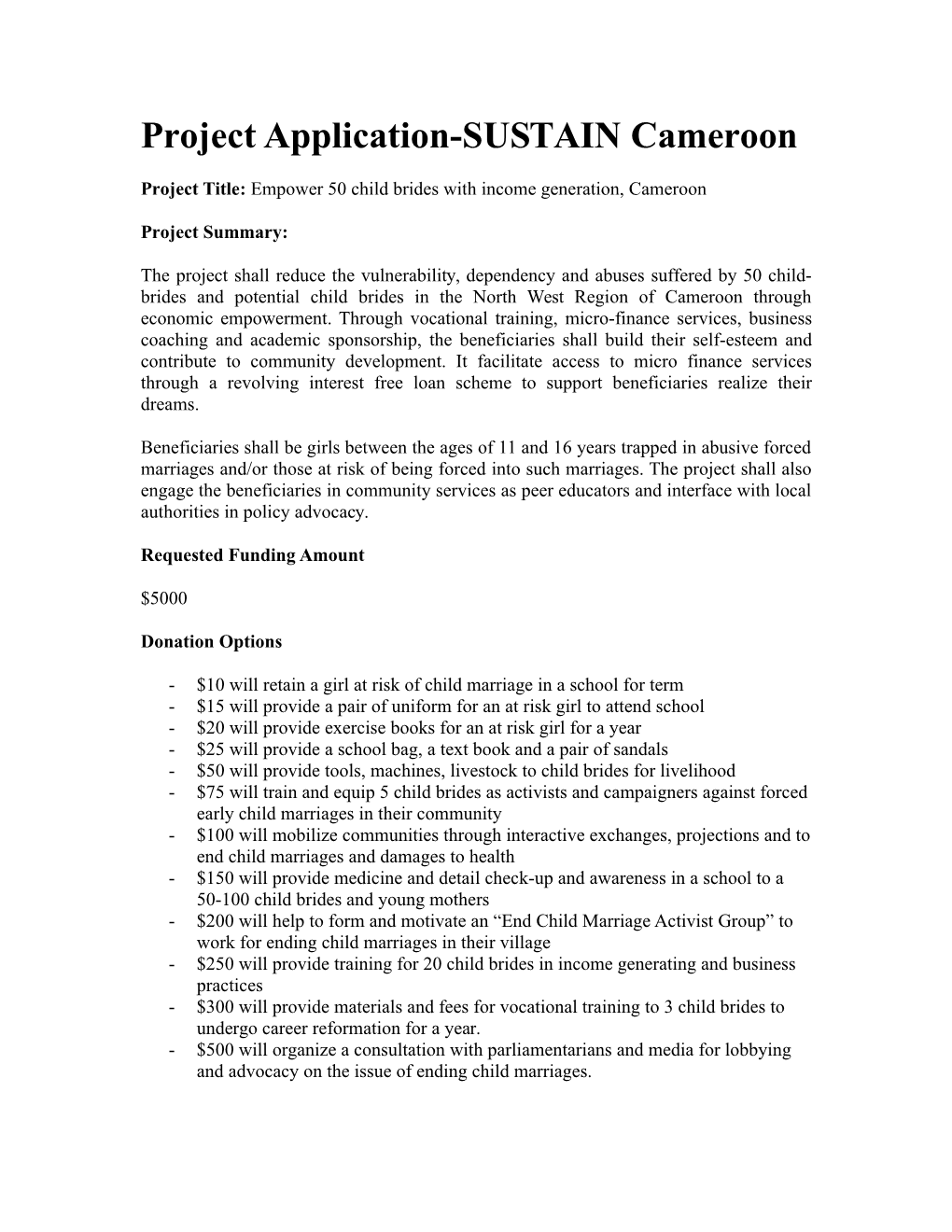 Project Application-SUSTAIN Cameroon