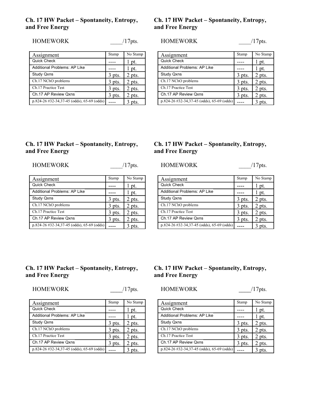 Ch. 17 HW Packet Spontaneity, Entropy, and Free Energy