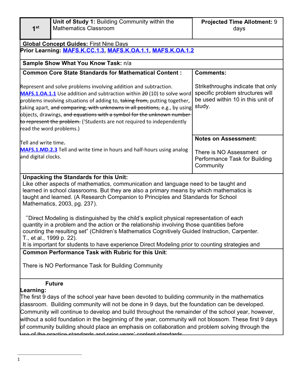 Unit of Study 1: Building Community Within the Mathematics Classroom