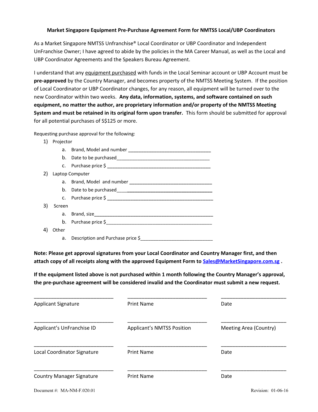 Market Singapore Equipment Pre-Purchase Agreement Form for NMTSS Local/UBP Coordinators