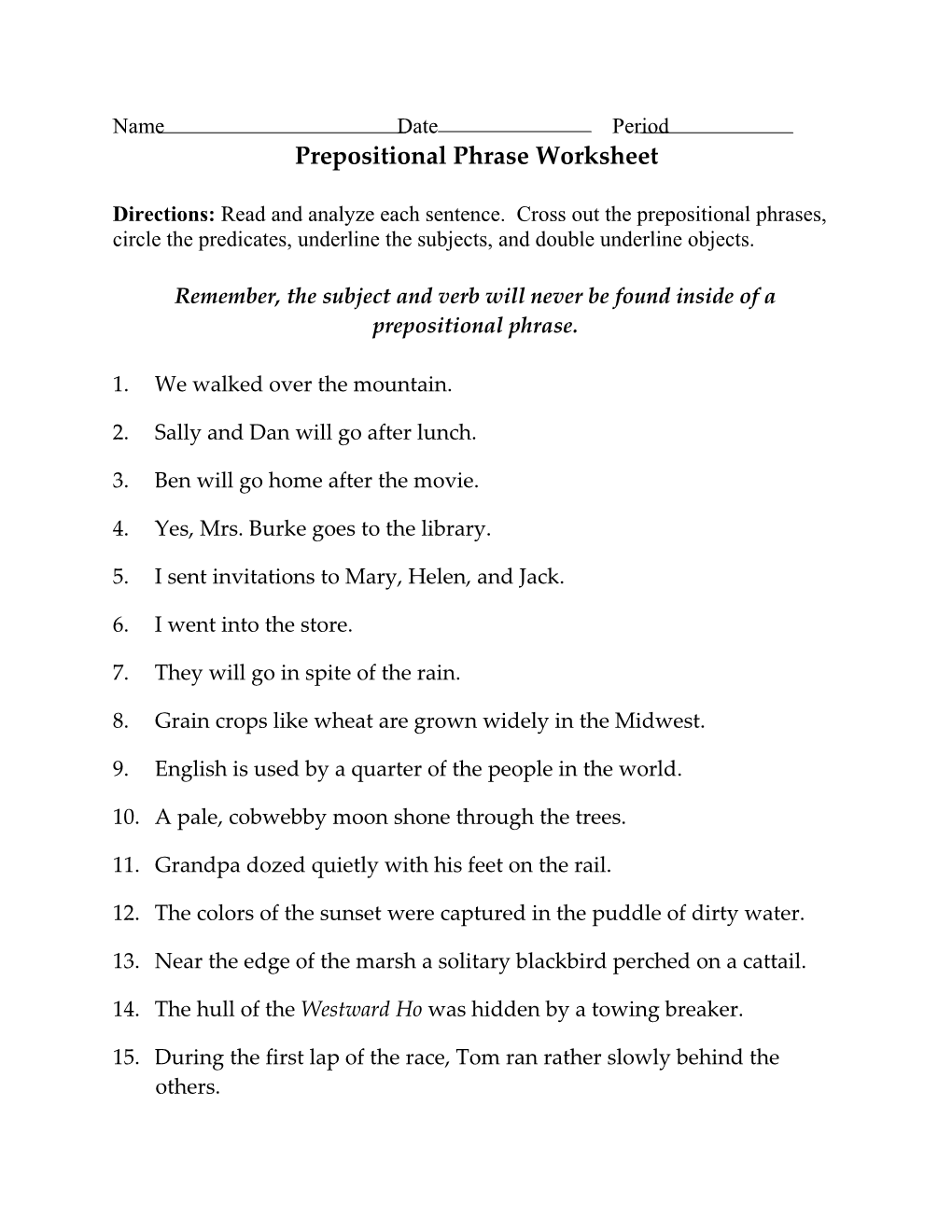 Prepositional Phrase Worksheet