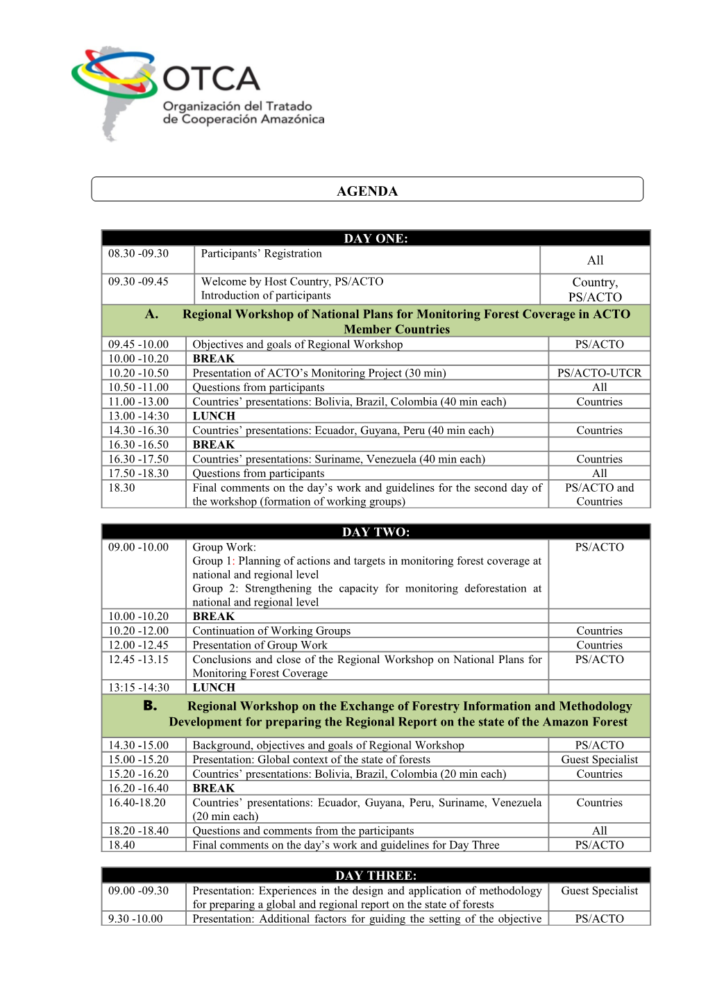 Regional Workshop of National Plans for Monitoring Forest Coverage in ACTO Member Countries