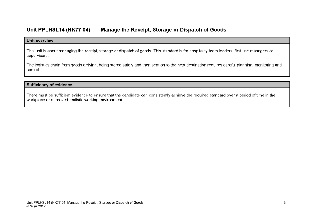 Unit PPLHSL14 (HK77 04)Manage the Receipt, Storage Or Dispatch of Goods