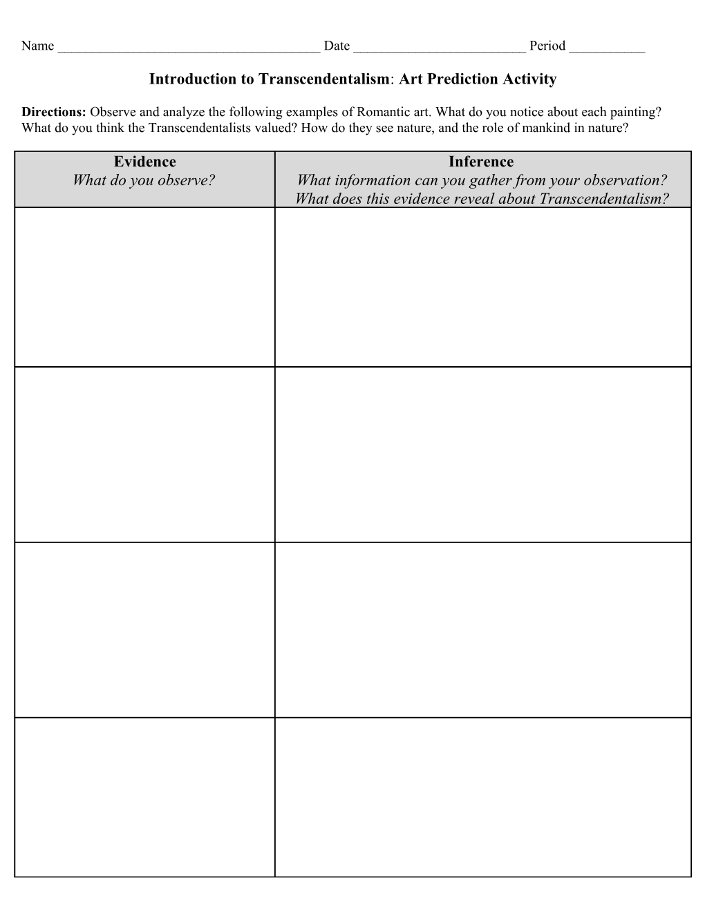 Introduction to Transcendentalism: Art Prediction Activity