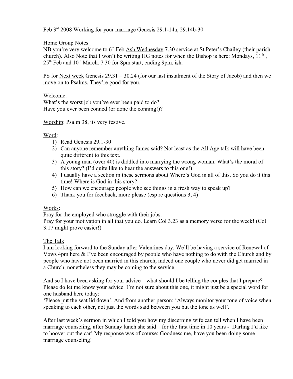 Feb 3Rd 2008 Working for Your Marriage Genesis 29