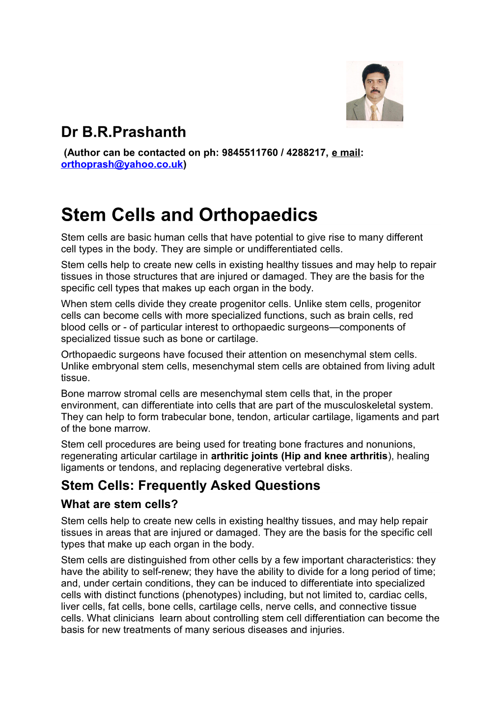Stem Cells and Orthopaedics