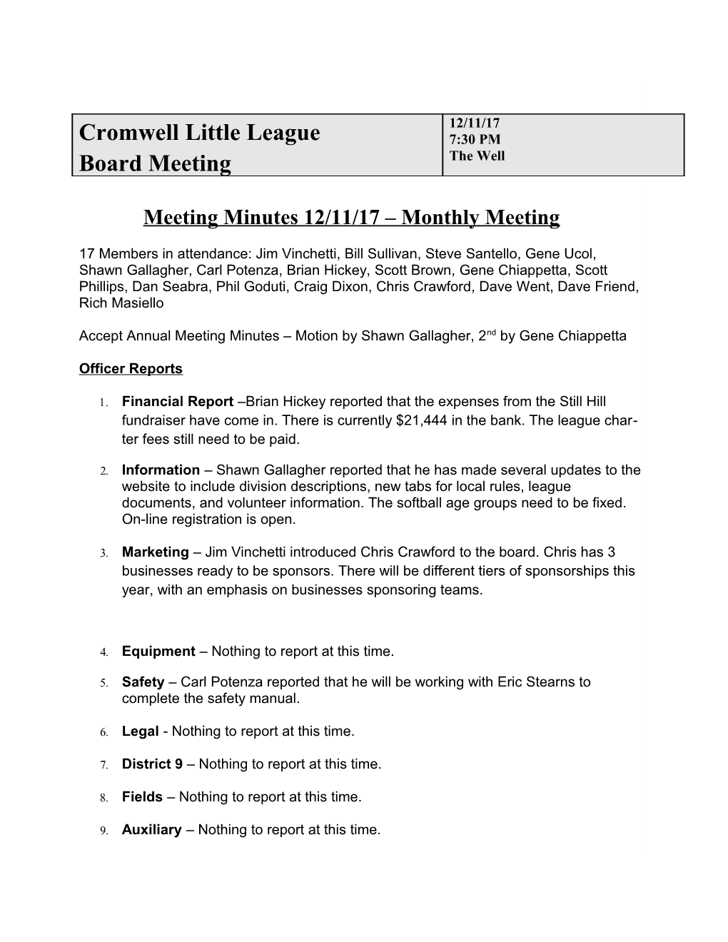 Cromwell Little League Board Meeting