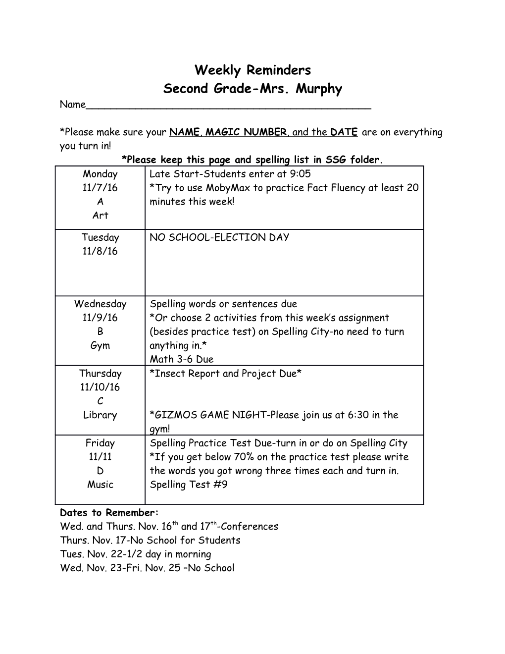 Second Grade-Mrs. Murphy