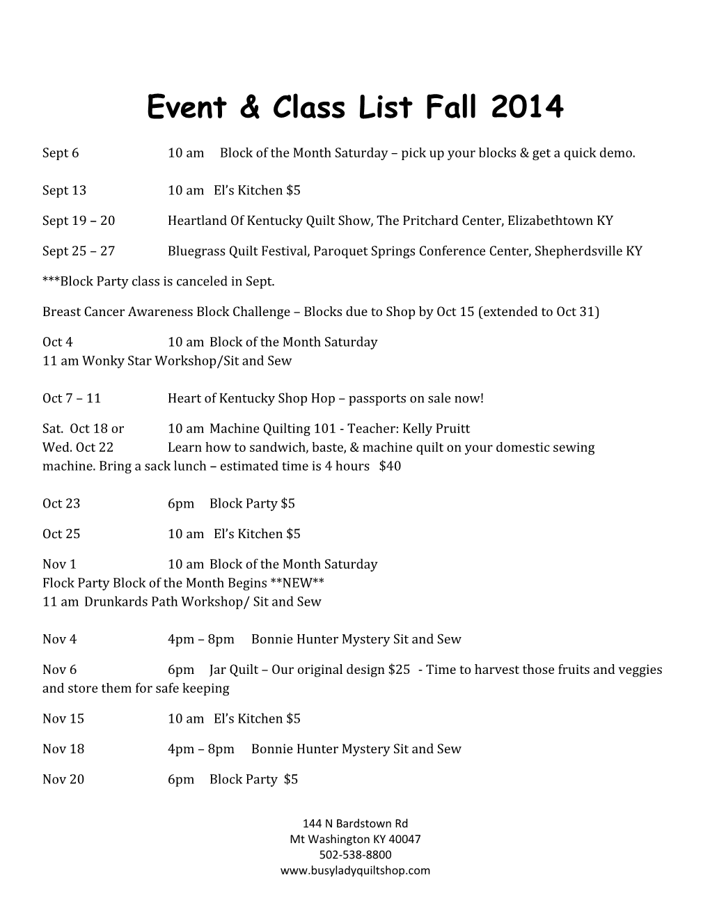 Event & Class List Fall 2014