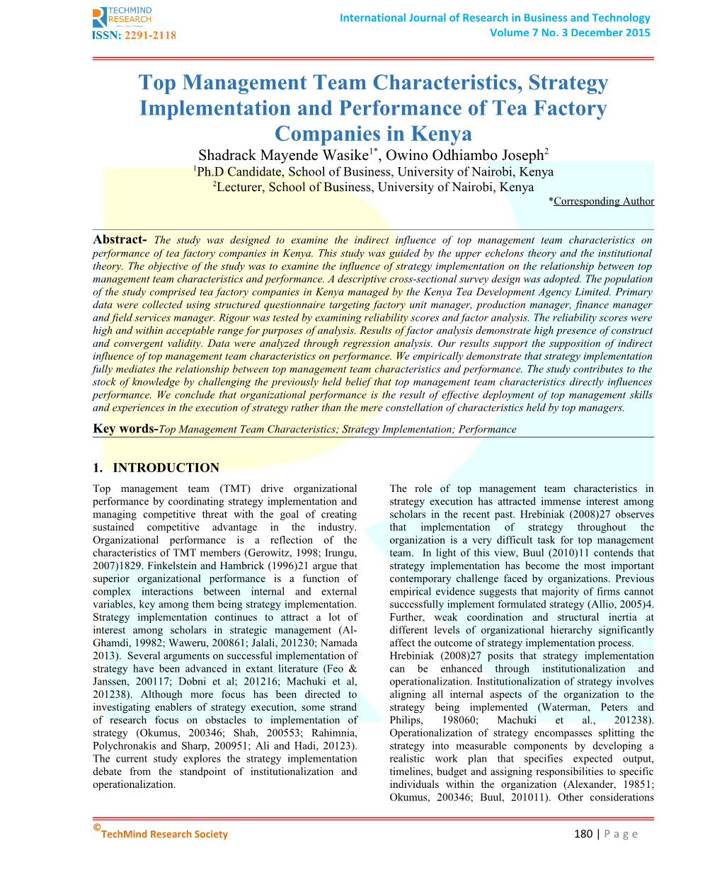 Top Management Team Characteristics, Strategy Implementation and Performance of Tea Factory