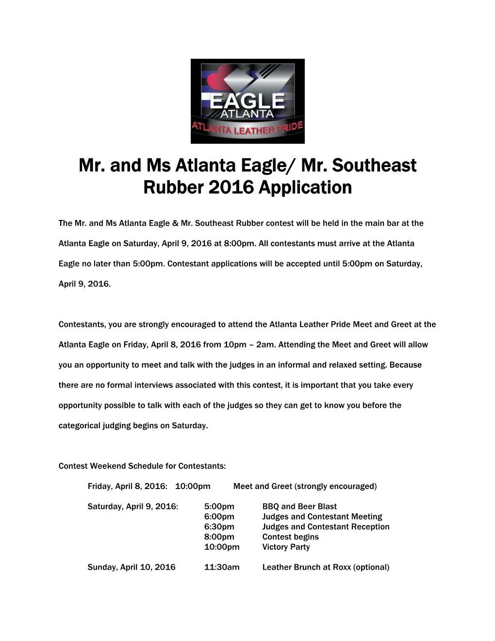 Mr. and Ms Atlanta Eagle/ Mr. Southeast Rubber 2016 Application