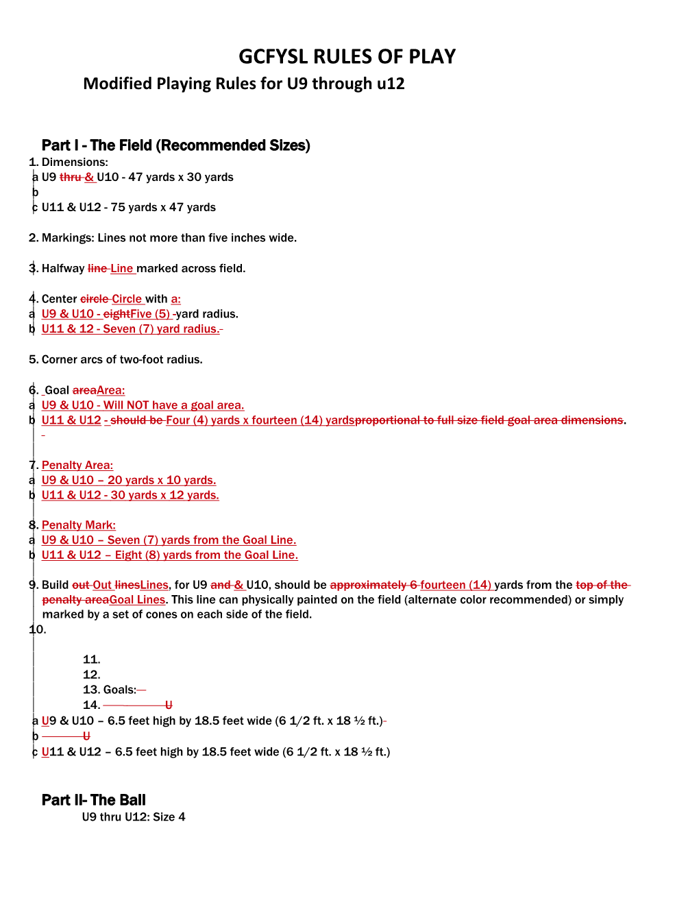 Modified Playing Rules for U9 Through U12