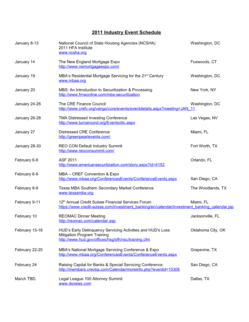 2011 Industry Event Schedule