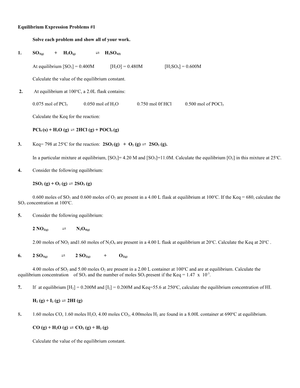 Worksheet #8 Equilibrium Calculations