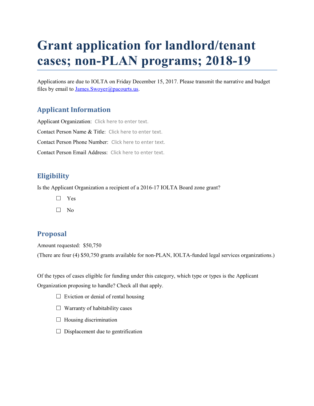 Grant Application for Landlord/Tenant Cases; Non-PLAN Programs; 2018-19