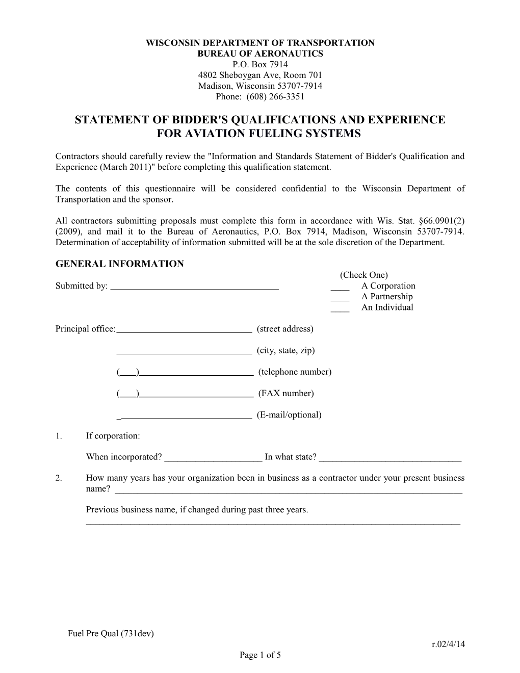 Statement of Bidder's Qualifications and Experiencefor Aviation Fueling Systems