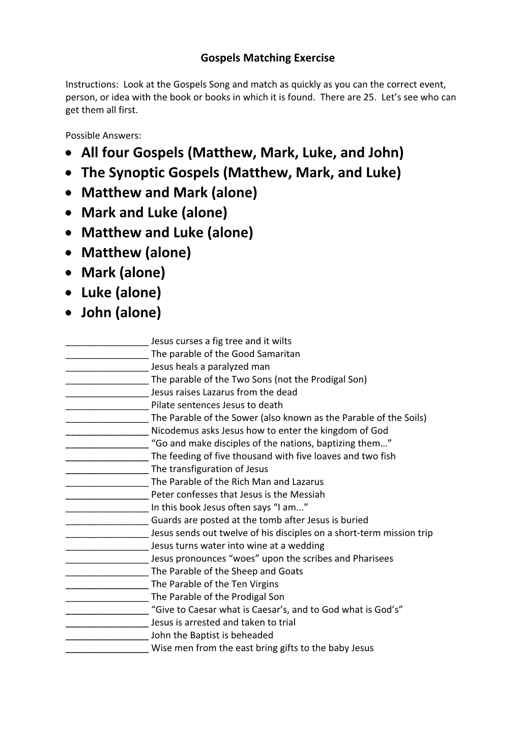 Gospels Matching Exercise