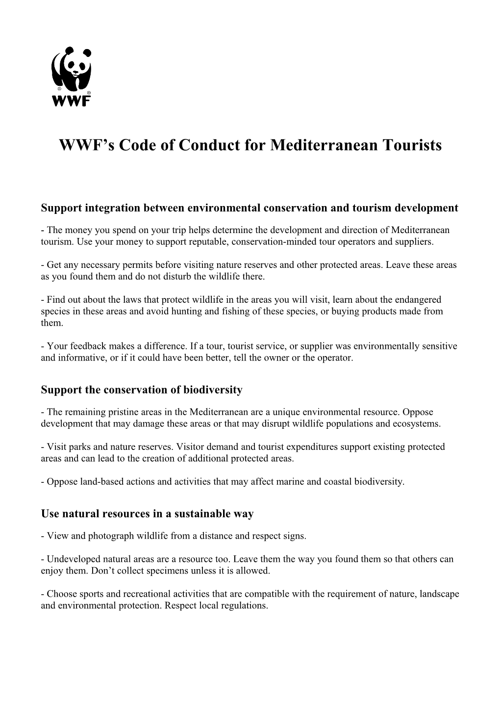 WWF S Code of Conduct for Mediterranean Tourists
