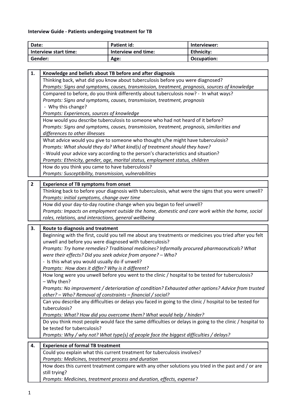 Interview Guide - Patients Undergoing Treatment for TB