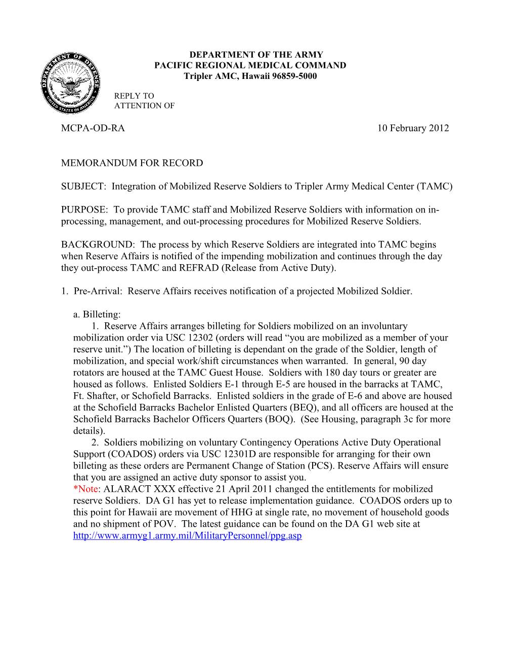 SUBJECT: Integration of Mobilized Reserve Soldiers to Tripler Army Medical Center (TAMC)