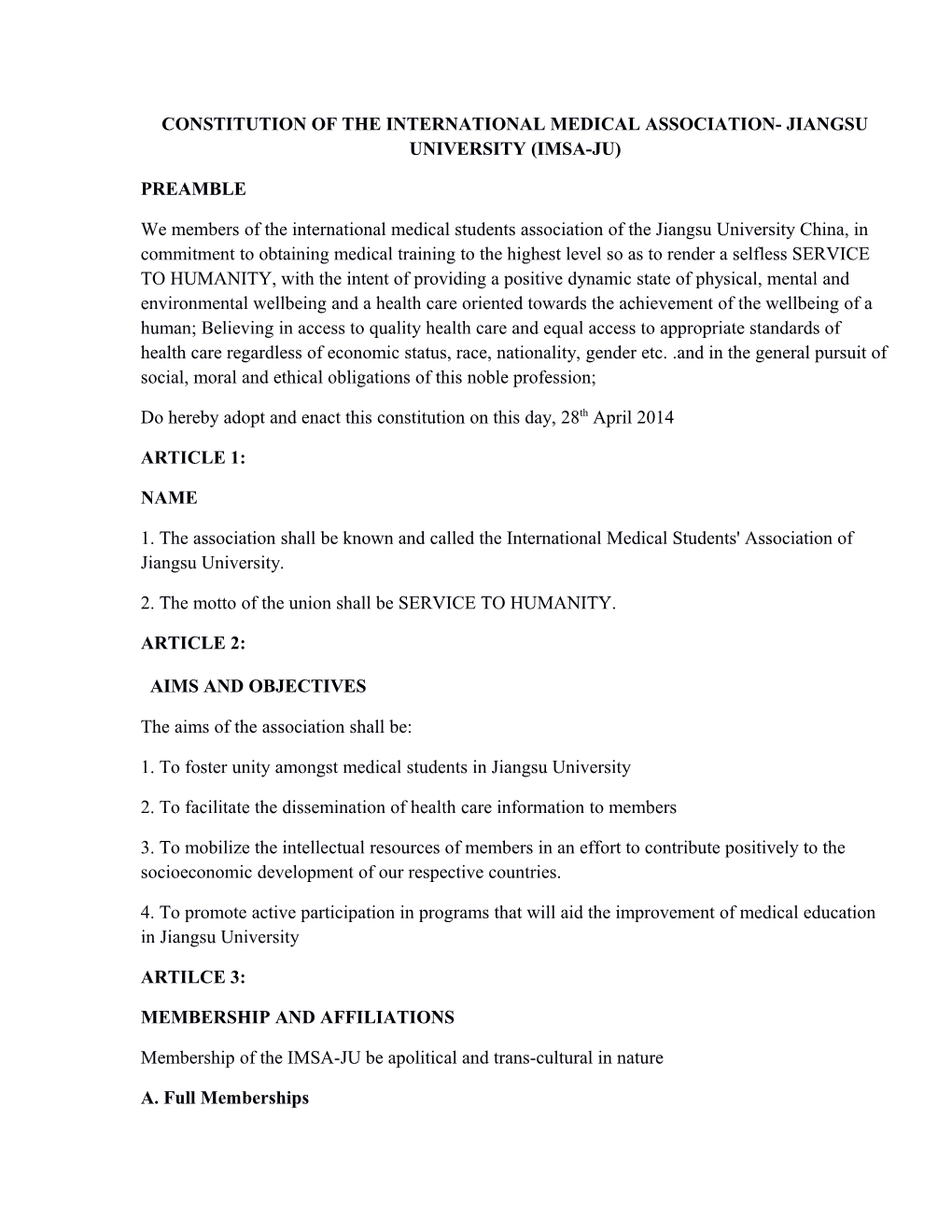 Constitution of the International Medical Association- Jiangsu University (Imsa-Ju)