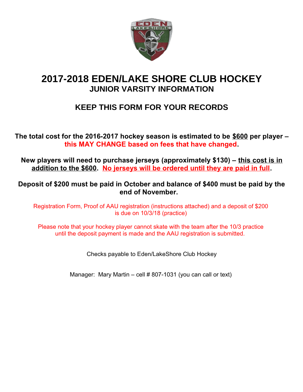 2010-2011 Eden/Lakeshore Club Hockey