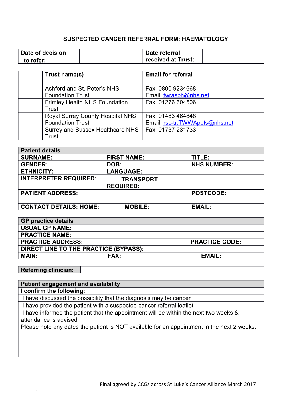 Suspected Cancer Referral Form: Haematology