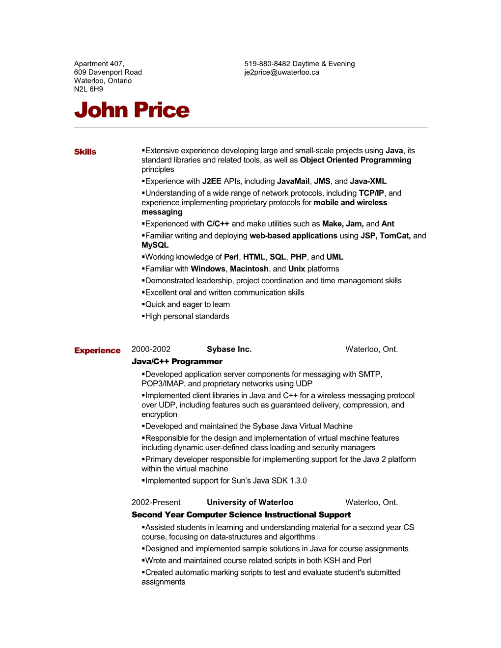Resume for John Price