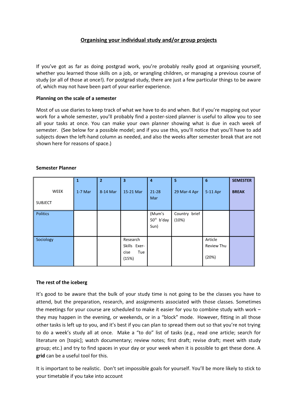 Organising Your Individual Study And/Or Group Projects