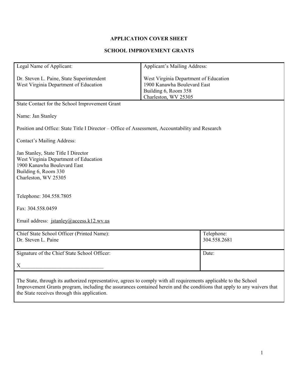 School Improvement Grants Application: Section 1003(G) of the Elementary and Secondary s1