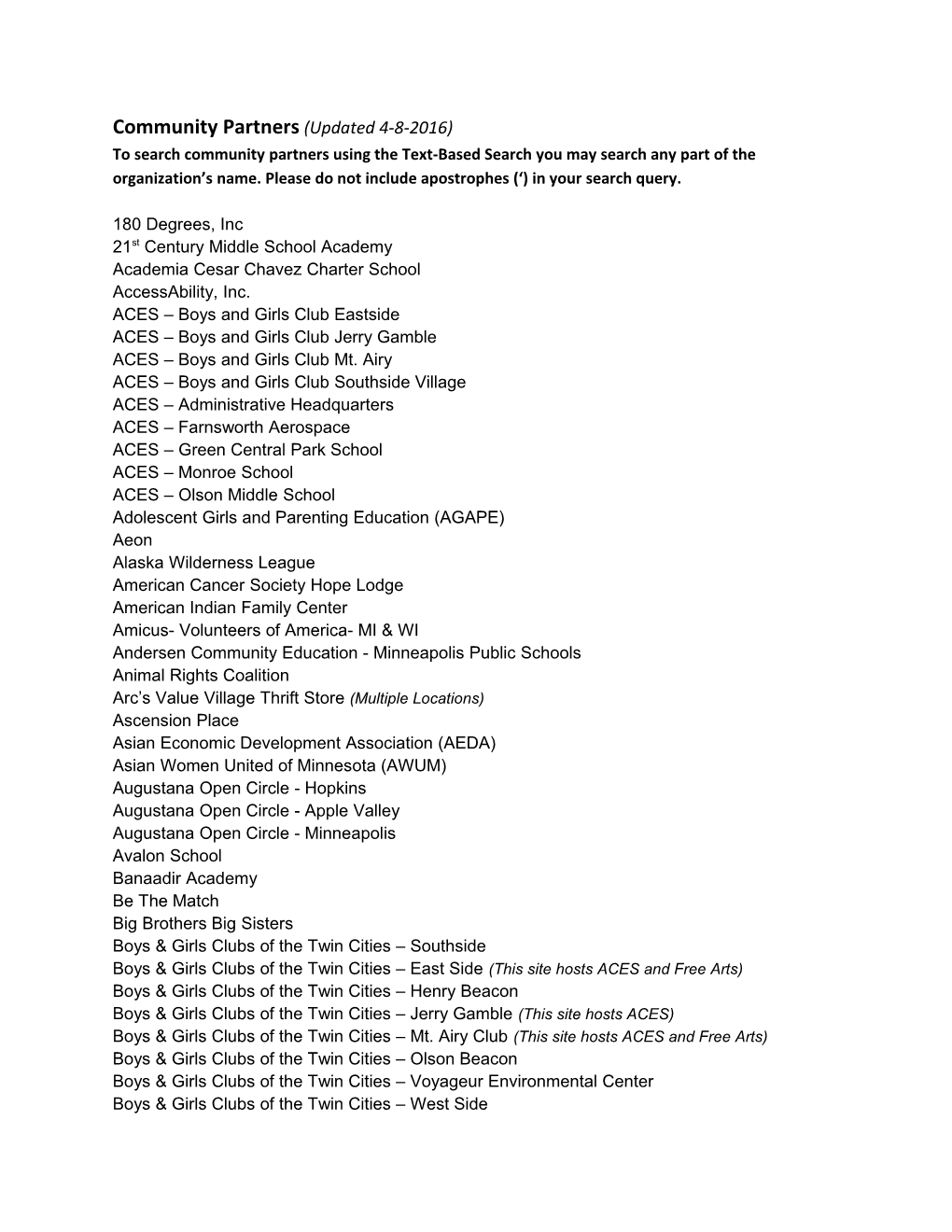 Community Partners (Updated 4-8-2016)