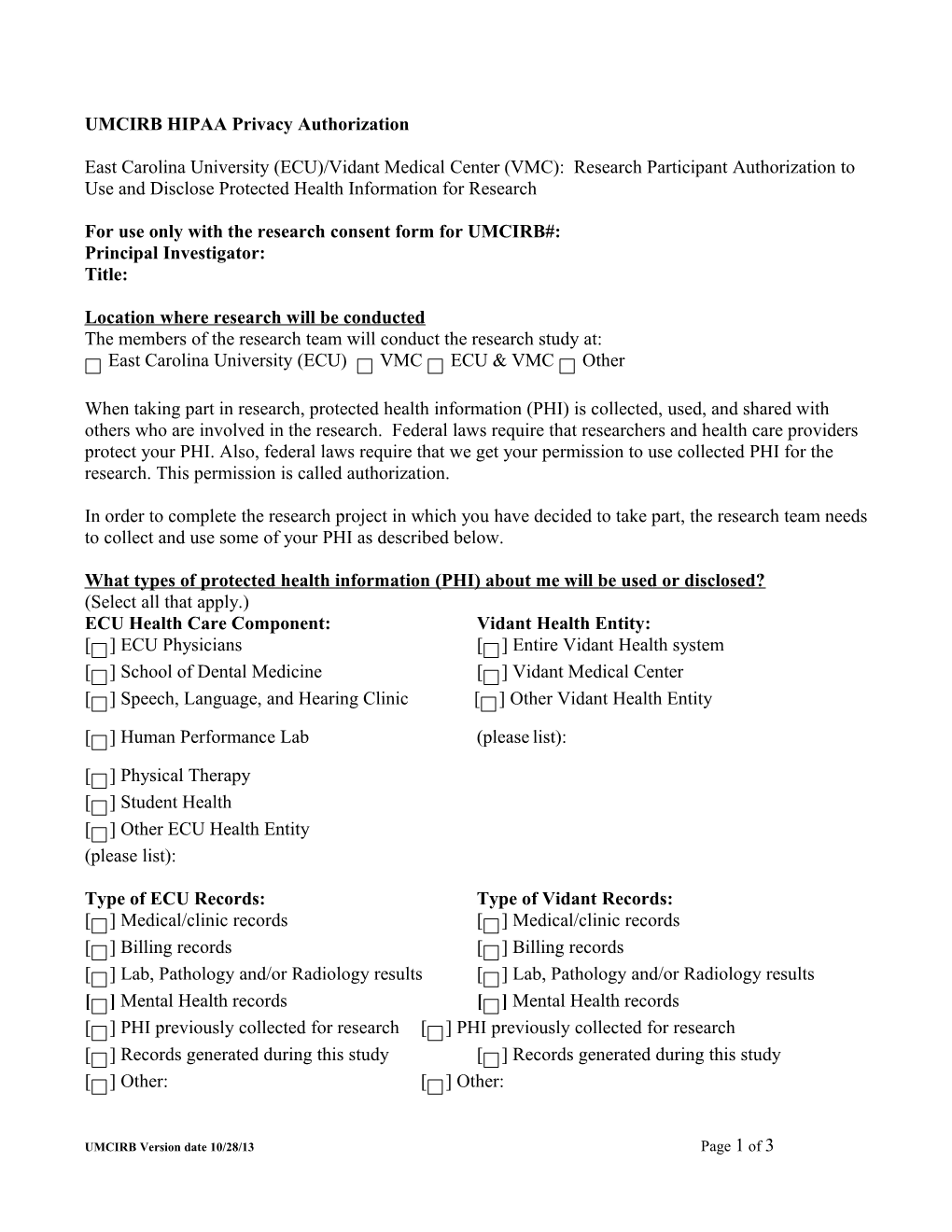 UMCIRB HIPAA Authorization 8/03 Version