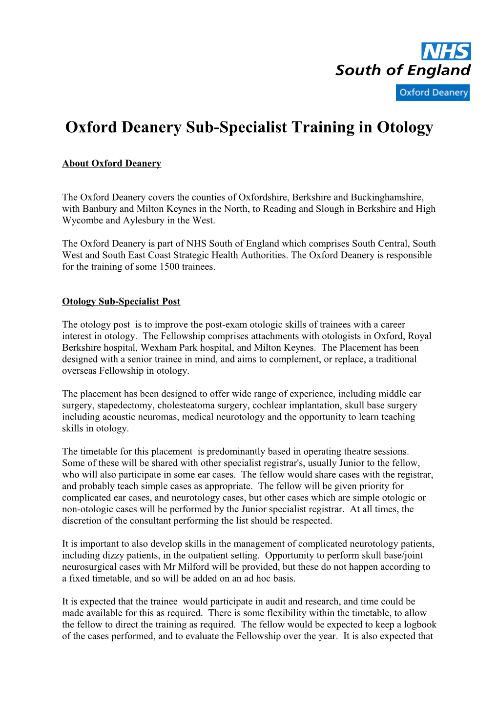Oxford Deanery Sub-Specialist Training in Otology