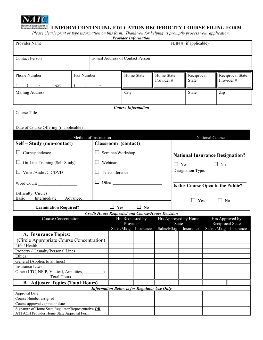 Uniform Continuing Education Reciprocity Course Filing Form