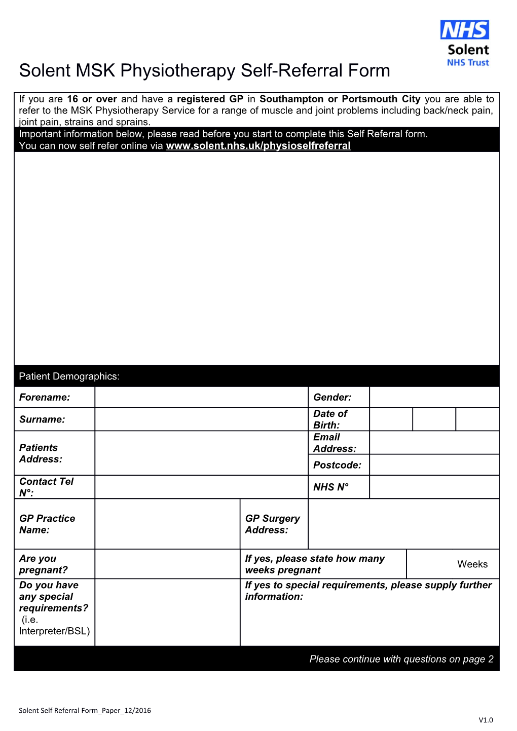 Solent Self Referral Form Paper 12/2016