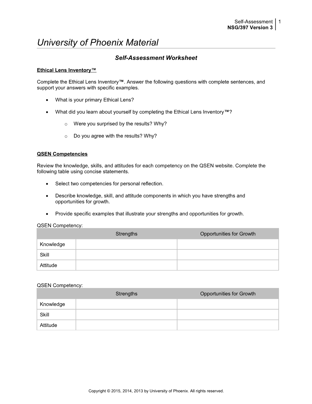 Self-Assessment Worksheet