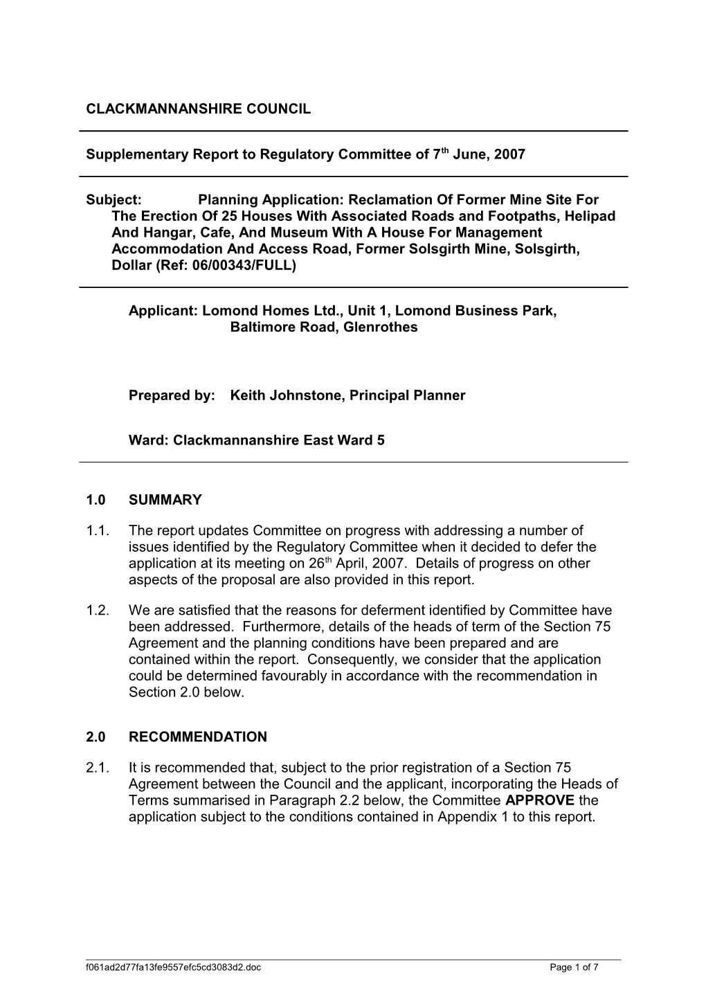 Supplementary Report on Solsgirth Mine Site, Solsgirth, Dollar