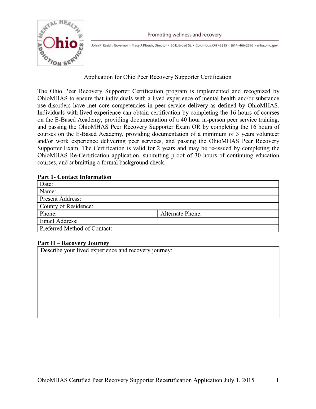 Application for Ohio Peer Recovery Supporter Certification