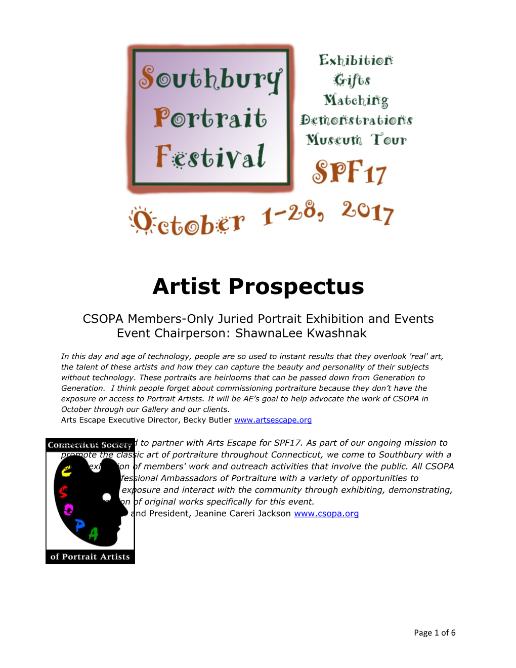 CSOPA Members-Only Juried Portrait Exhibition and Events