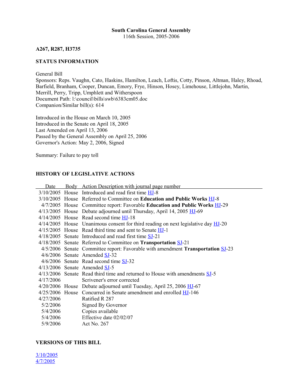 2005-2006 Bill 3735: Failure to Pay Toll - South Carolina Legislature Online