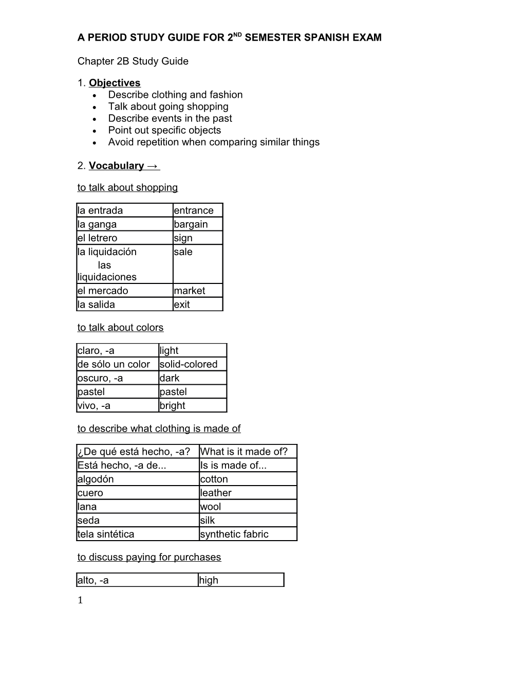 A Period Study Guide for 2Nd Semester Spanish Exam